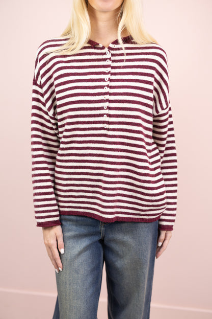 Stripe Henley Sweater Wine/Cream