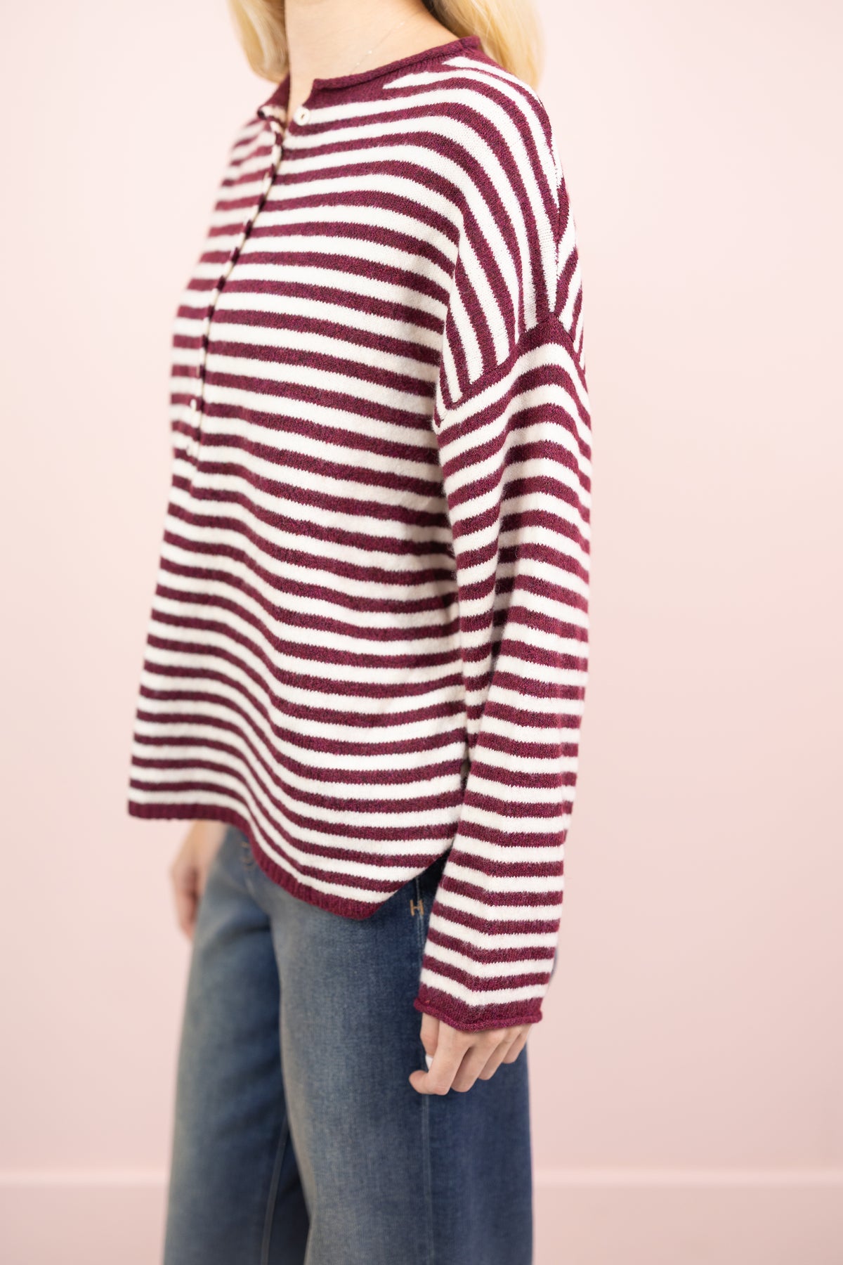 Stripe Henley Sweater Wine/Cream