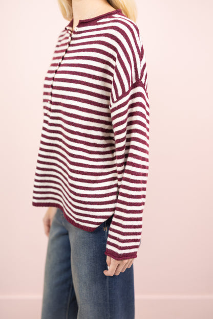 Stripe Henley Sweater Wine/Cream