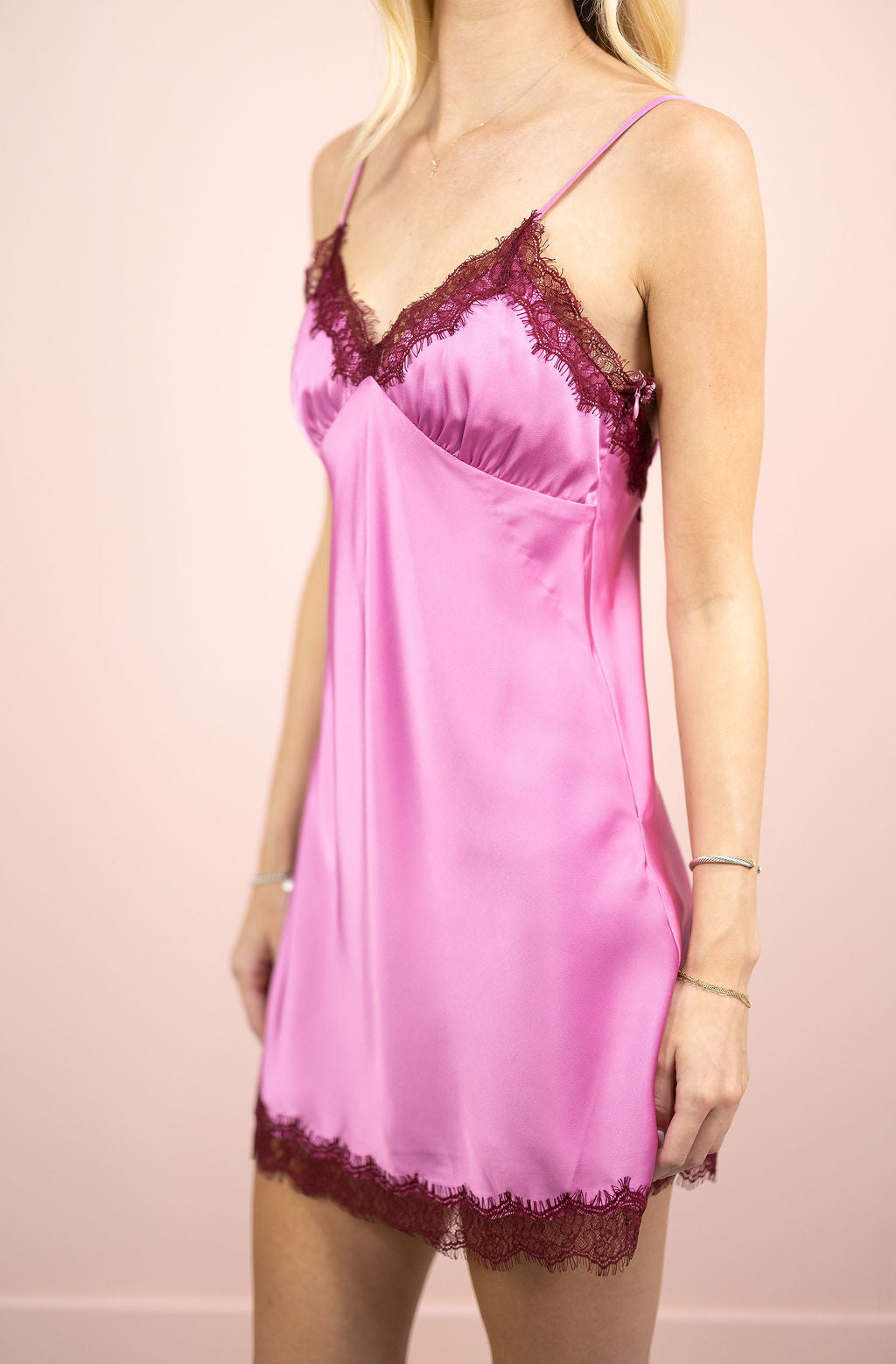 Contrast Lace Satin Dress Pink