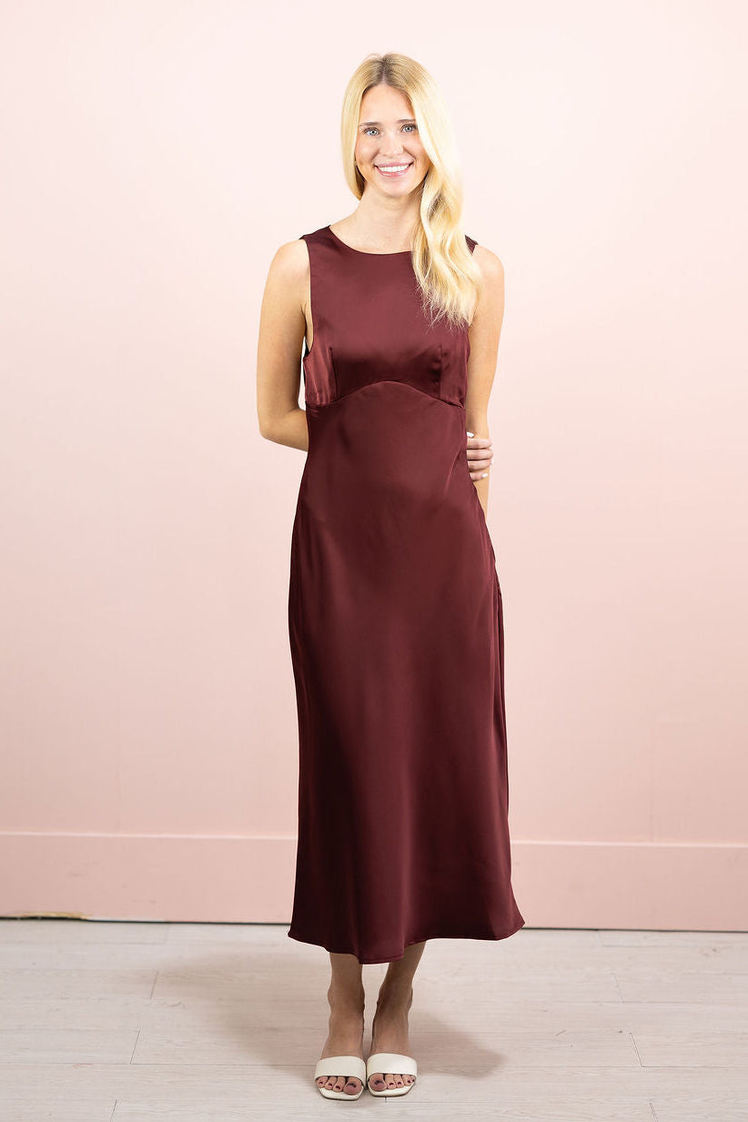 Burgundy Cowl Back Satin Midi Dress