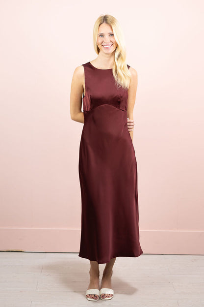 Burgundy Cowl Back Satin Midi Dress