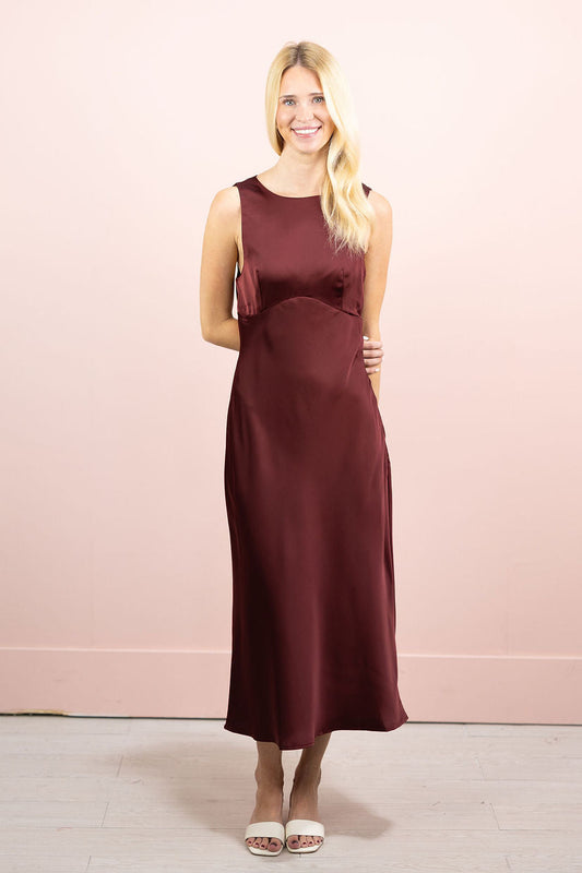 Burgundy Cowl Back Satin Midi Dress