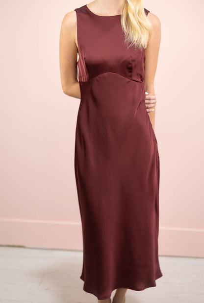Burgundy Cowl Back Satin Midi Dress