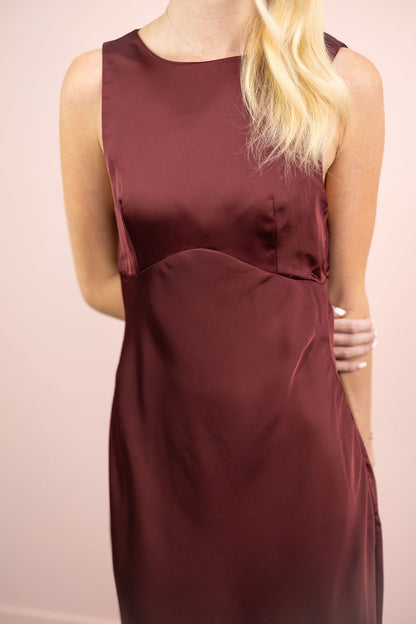 Burgundy Cowl Back Satin Midi Dress