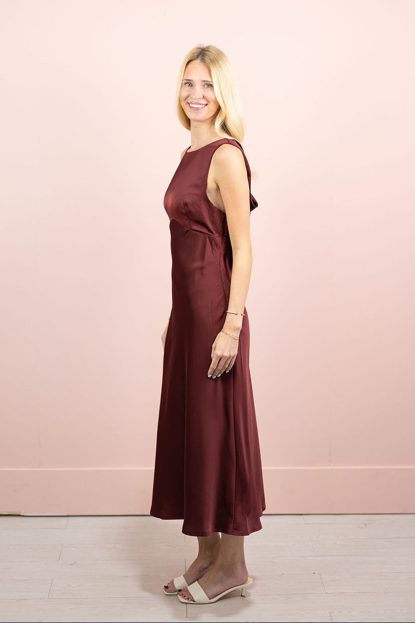 Burgundy Cowl Back Satin Midi Dress