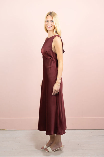 Burgundy Cowl Back Satin Midi Dress