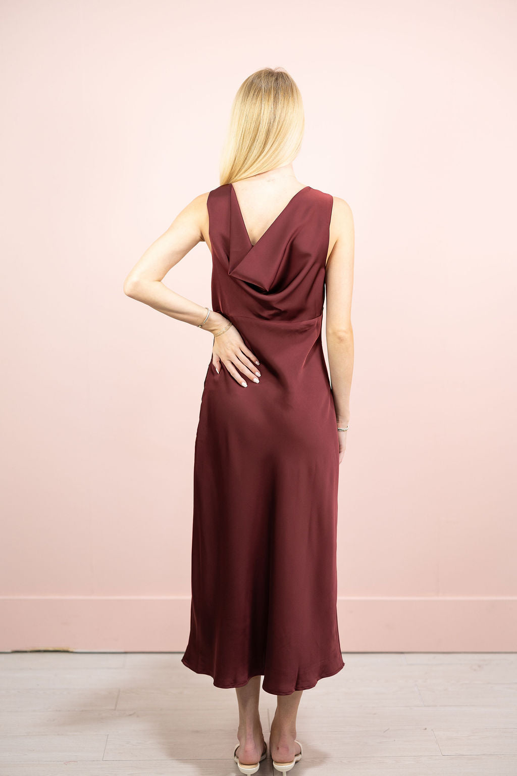 Burgundy Cowl Back Satin Midi Dress