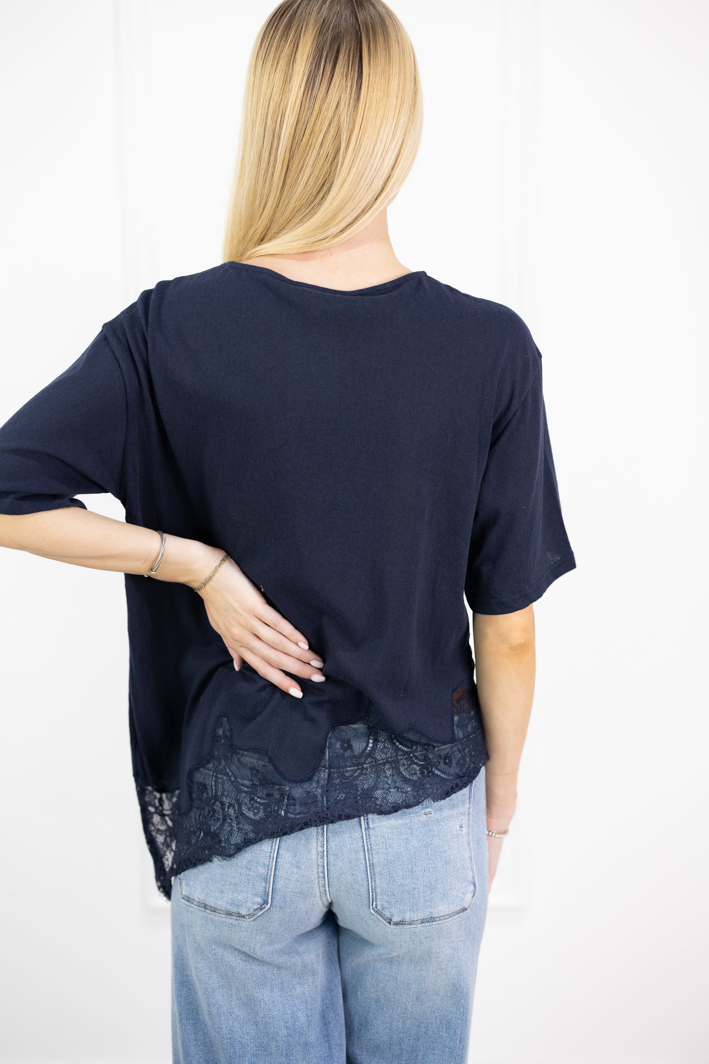 Slub Lace Hem Tee Navy