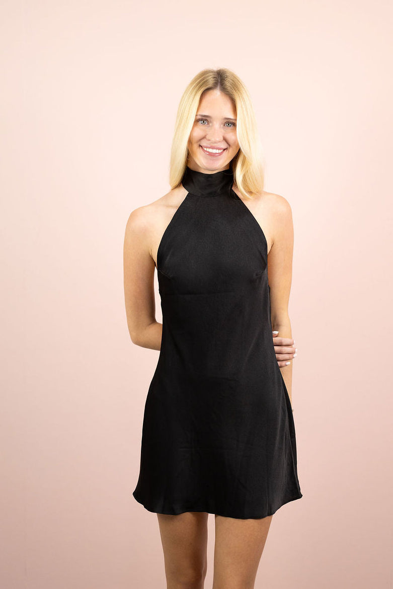 Ronnie Satin Halter Dress Black