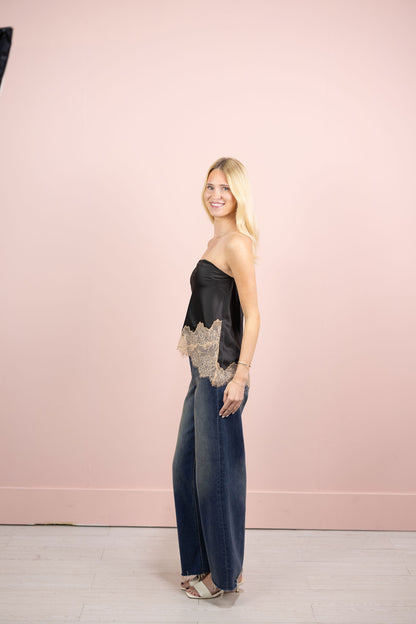 Mocha Lace Contrast Satin Top
