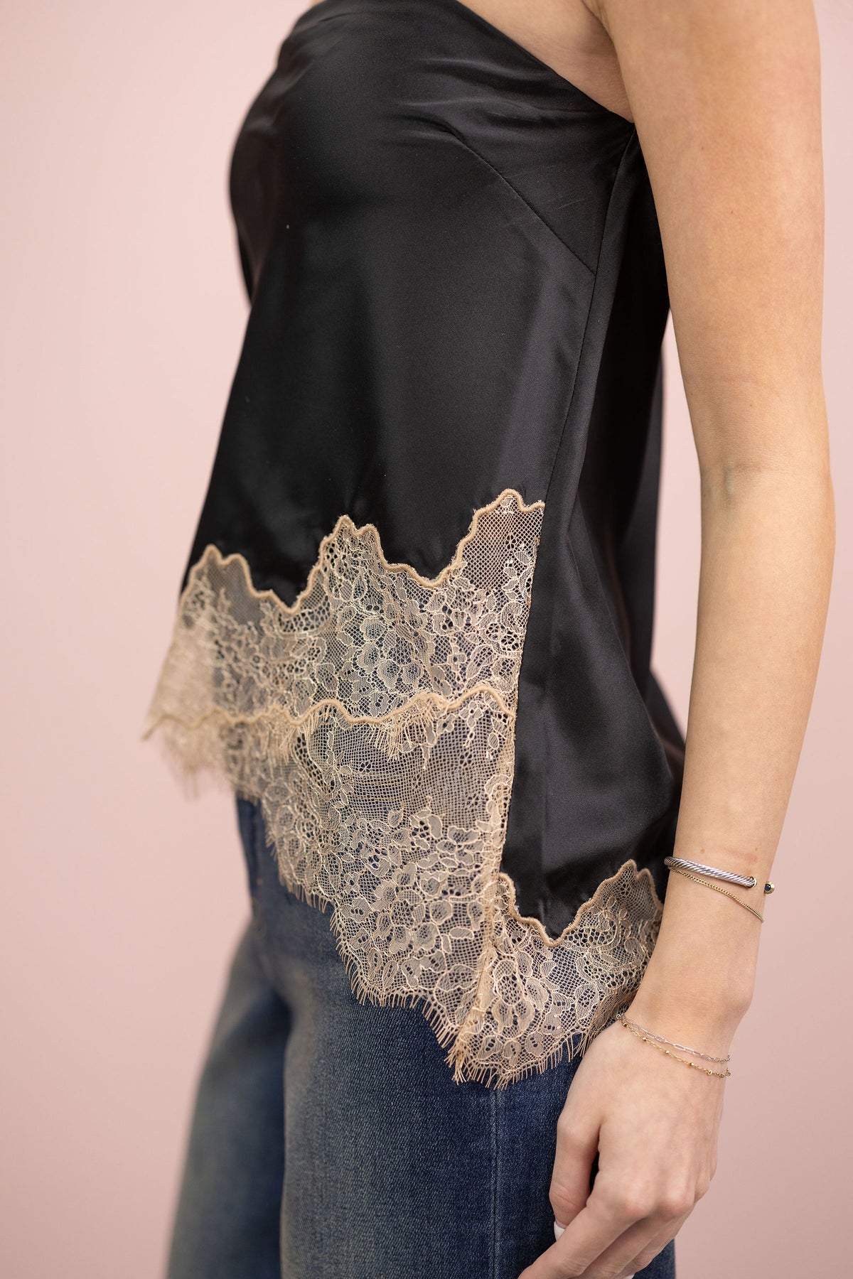 Mocha Lace Contrast Satin Top