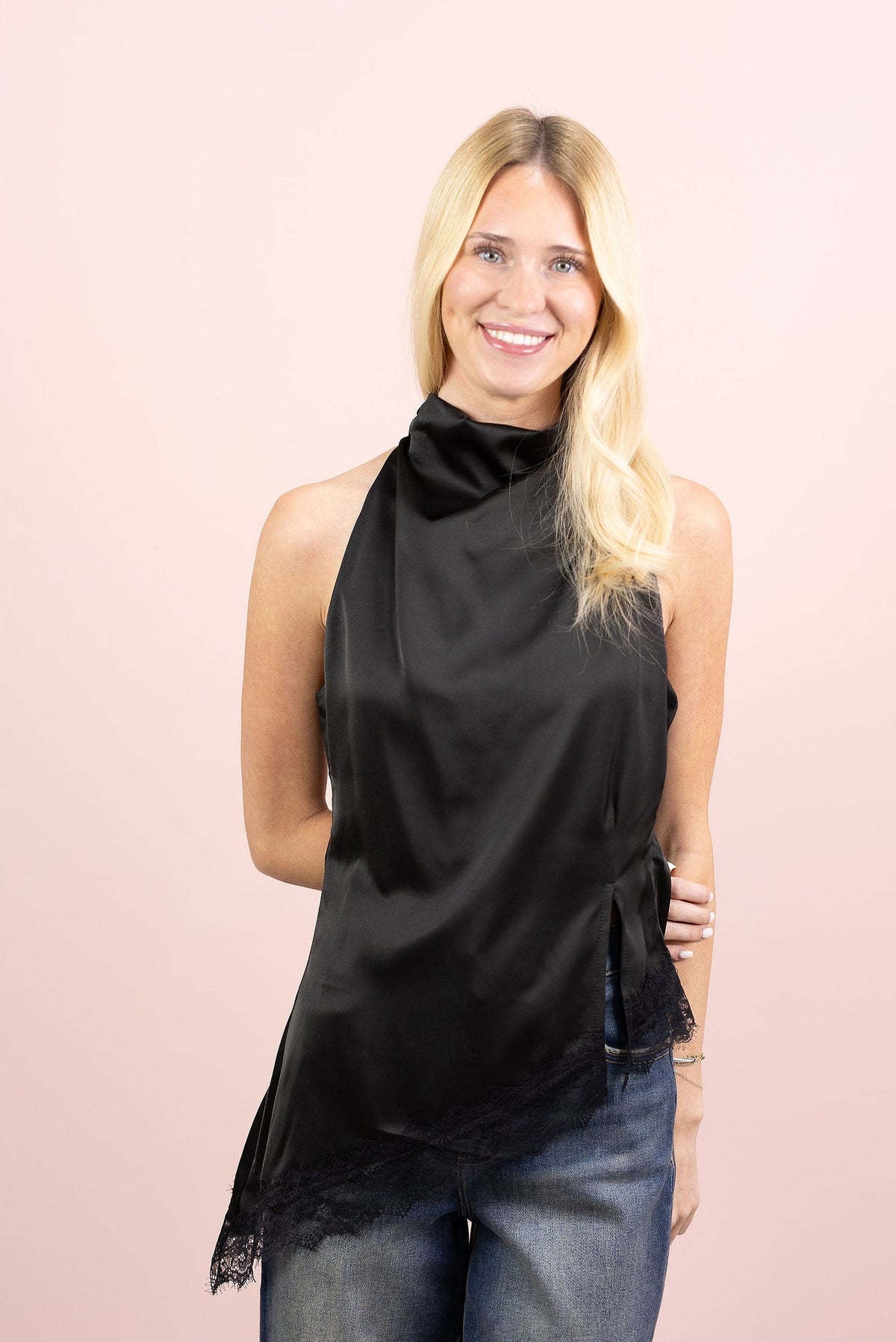 Cowl Neck Satin Top w/ Lace Hem
