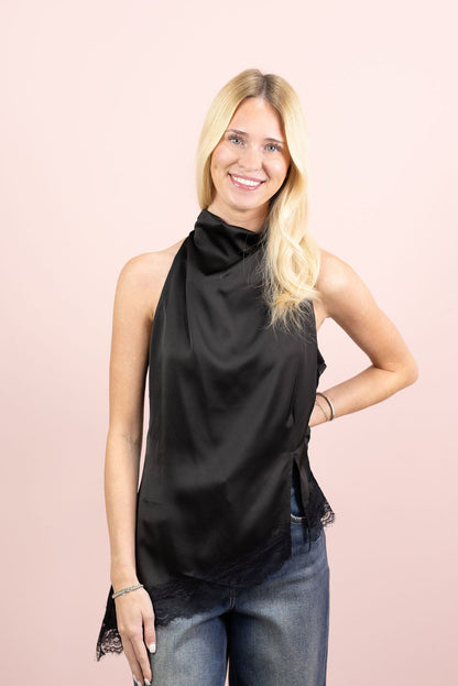 Cowl Neck Satin Top w/ Lace Hem