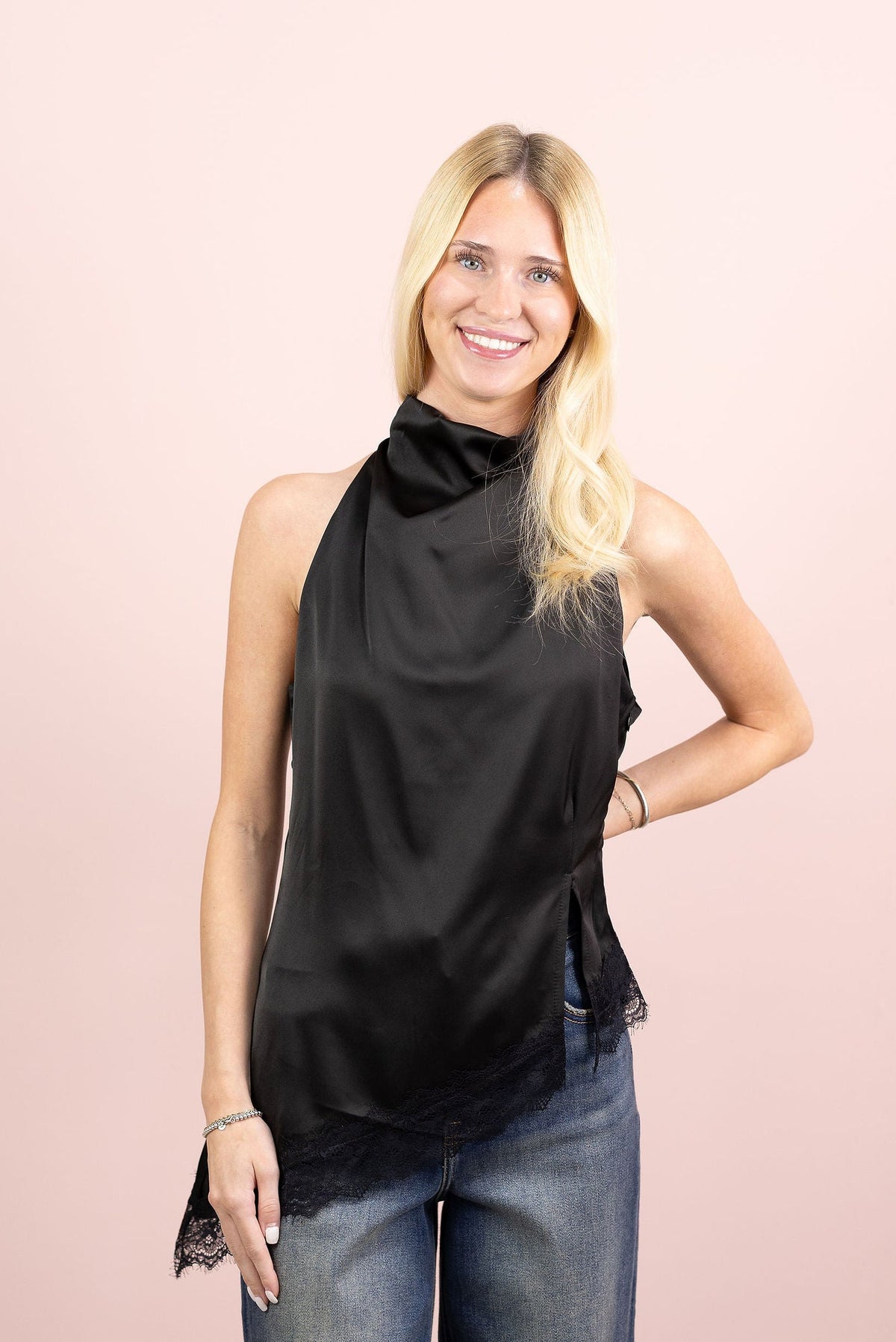 Cowl Neck Satin Top w/ Lace Hem