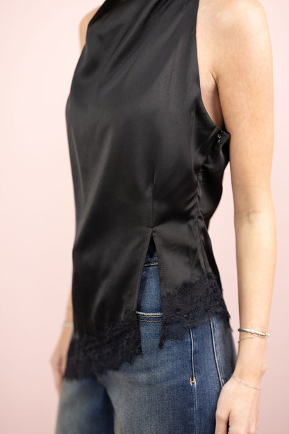 Cowl Neck Satin Top w/ Lace Hem