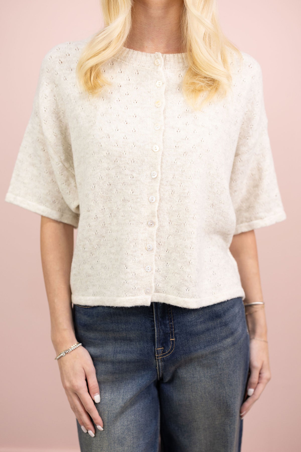 Pointelle Short Sleeve Cardigan Oat