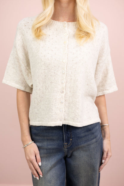 Pointelle Short Sleeve Cardigan Oat