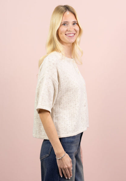 Pointelle Short Sleeve Cardigan Oat