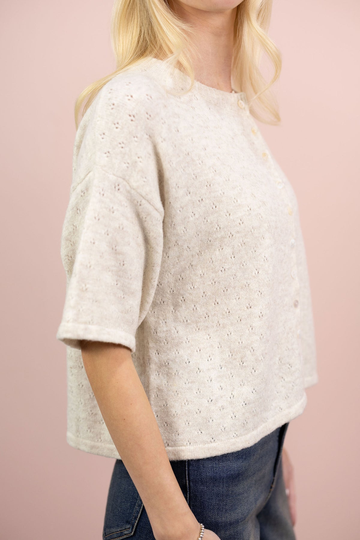 Pointelle Short Sleeve Cardigan Oat