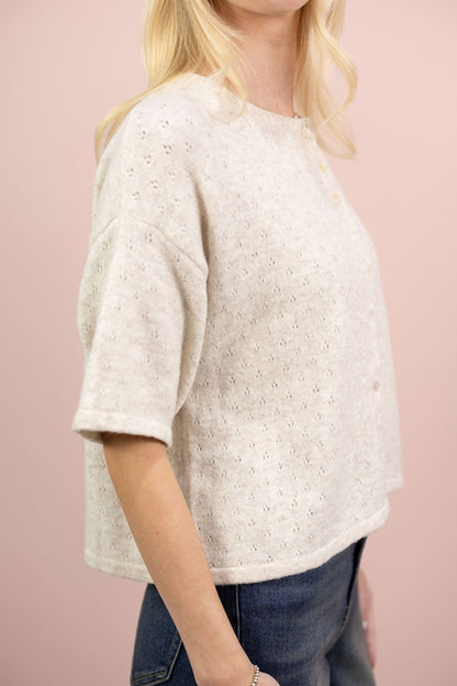 Pointelle Short Sleeve Cardigan Oat