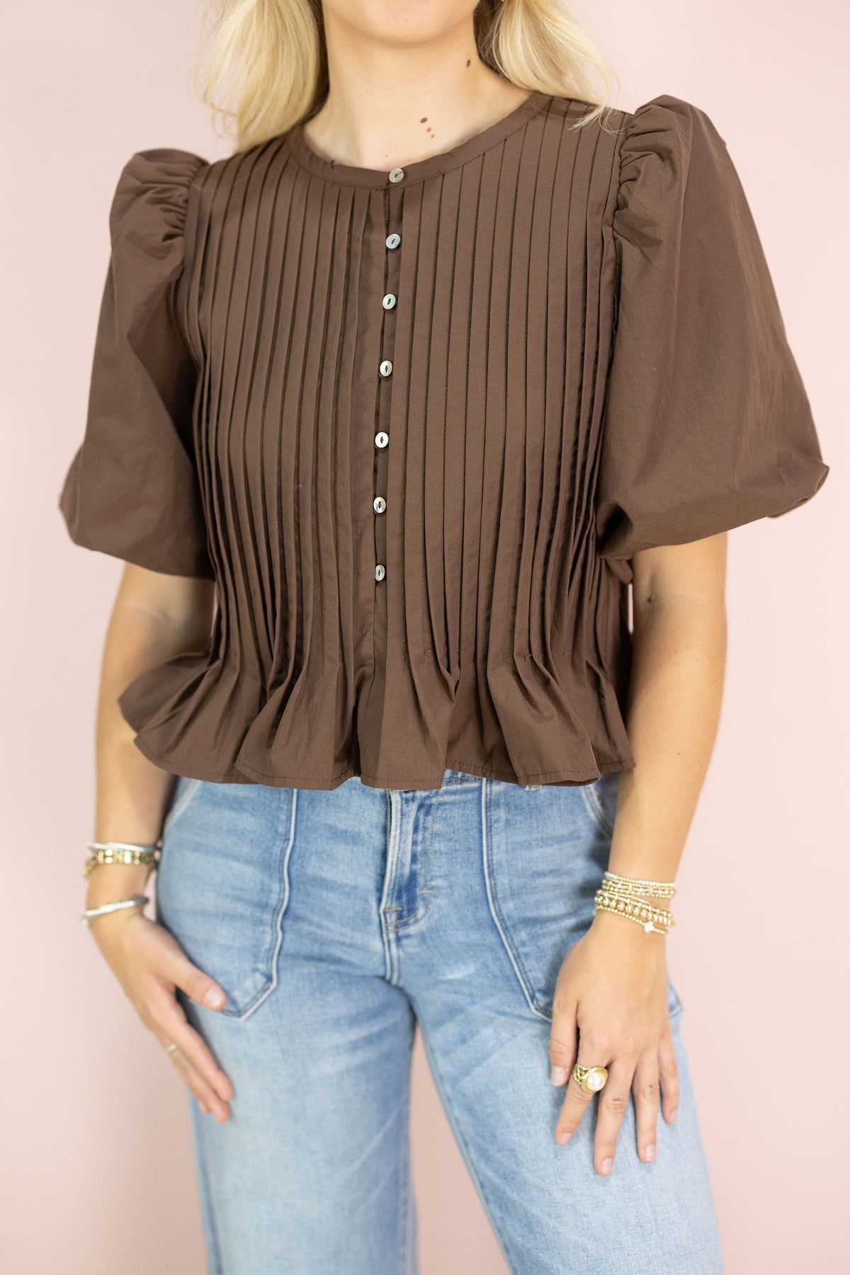 Brown Puff Sleeve Blouse