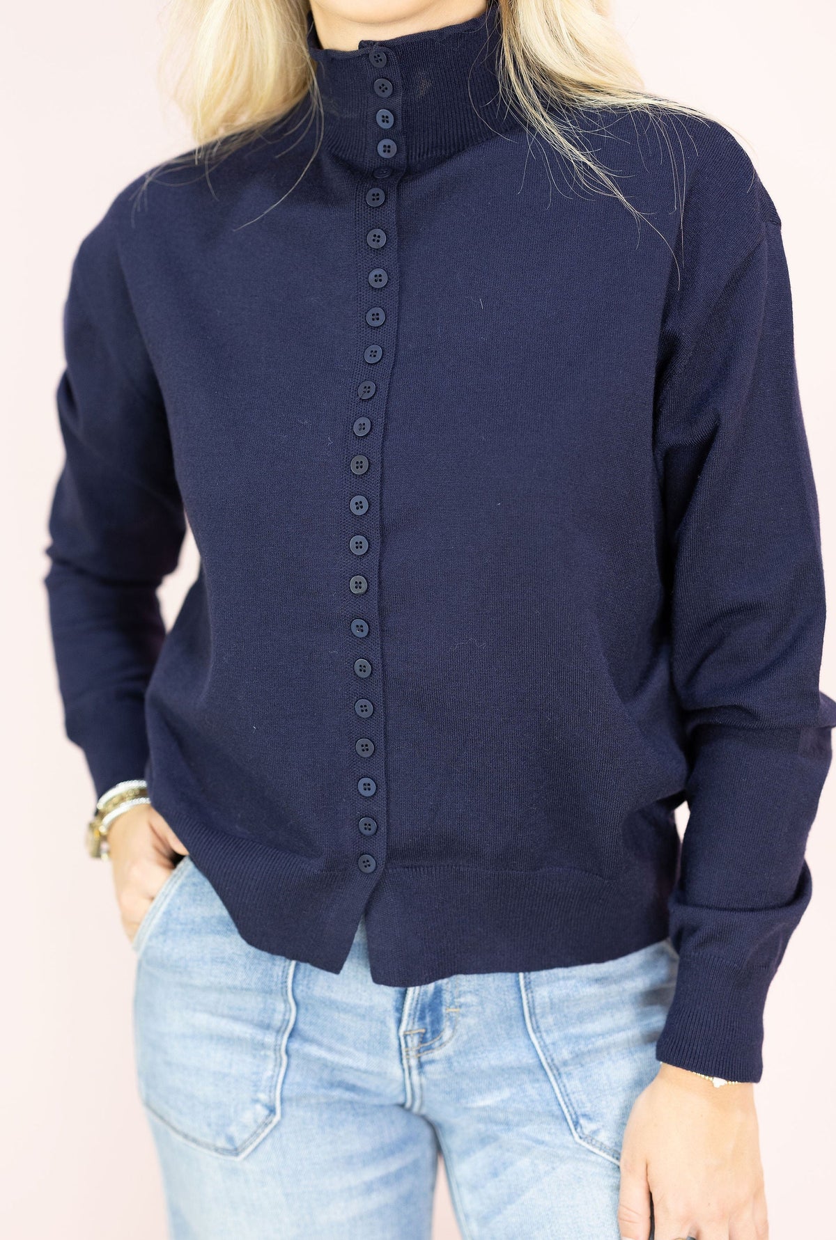 Button Down Mock Neck Sweater Navy