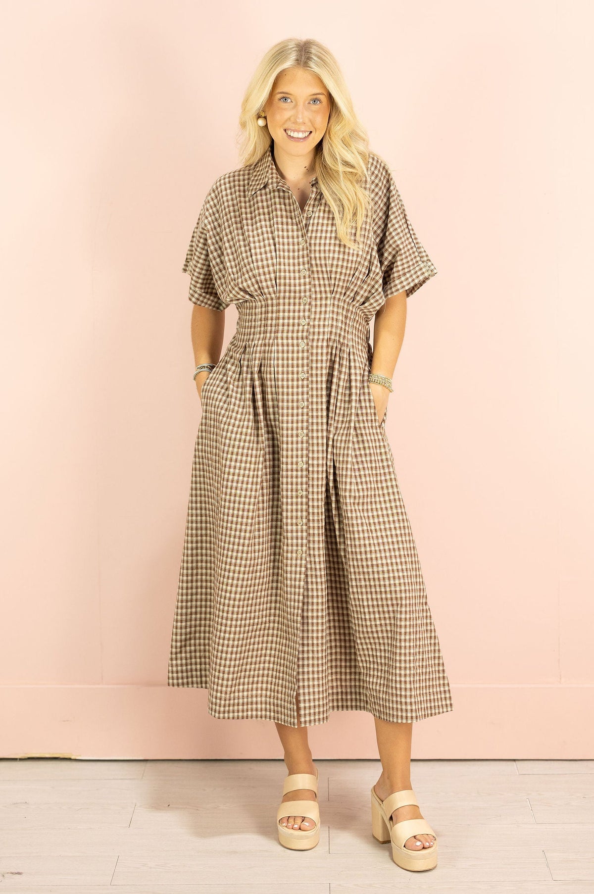 Brown Gingham Button Down Maxi Dress - Clothe Boutique