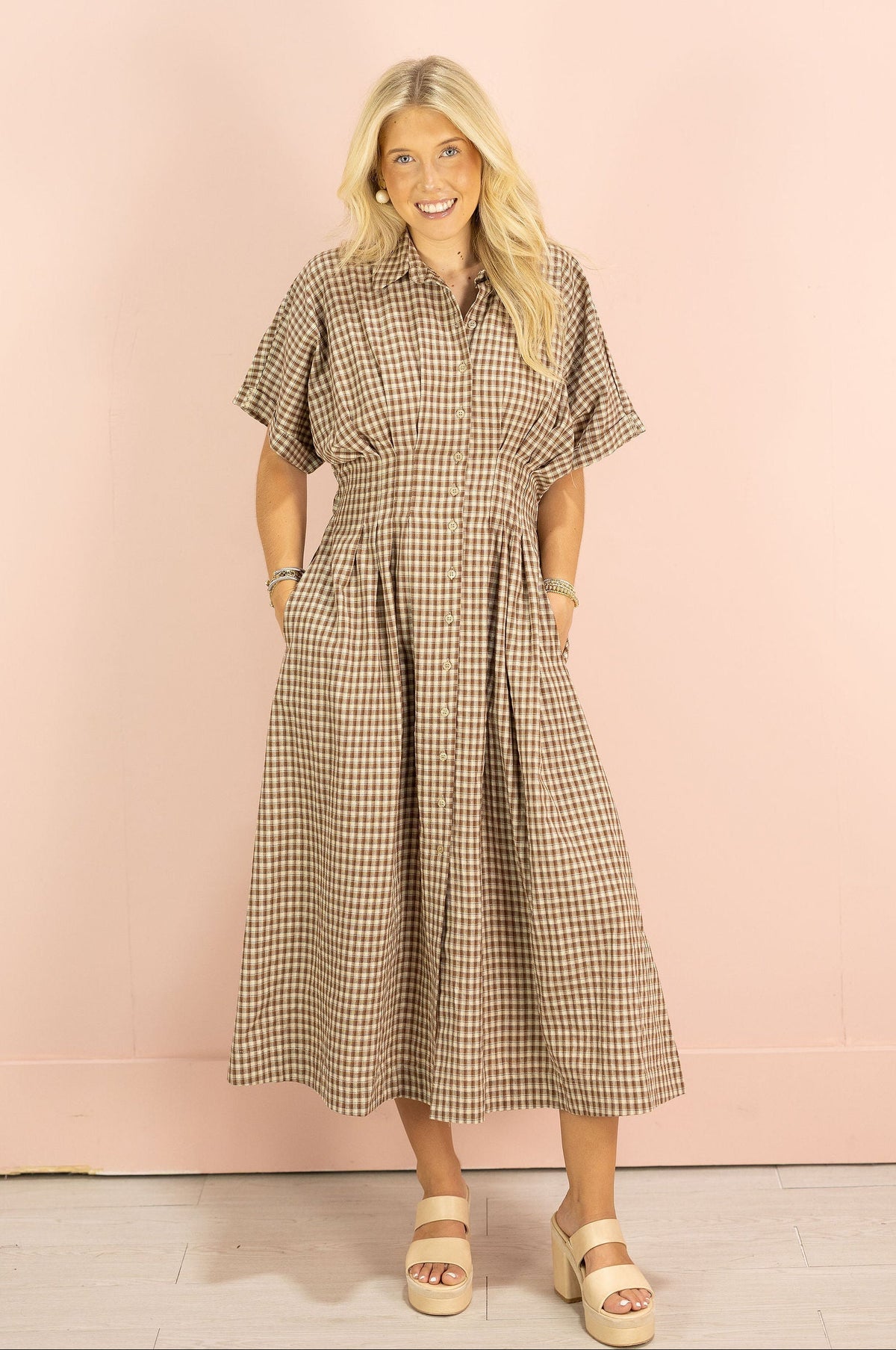 Brown Gingham Button Down Maxi Dress - Clothe Boutique