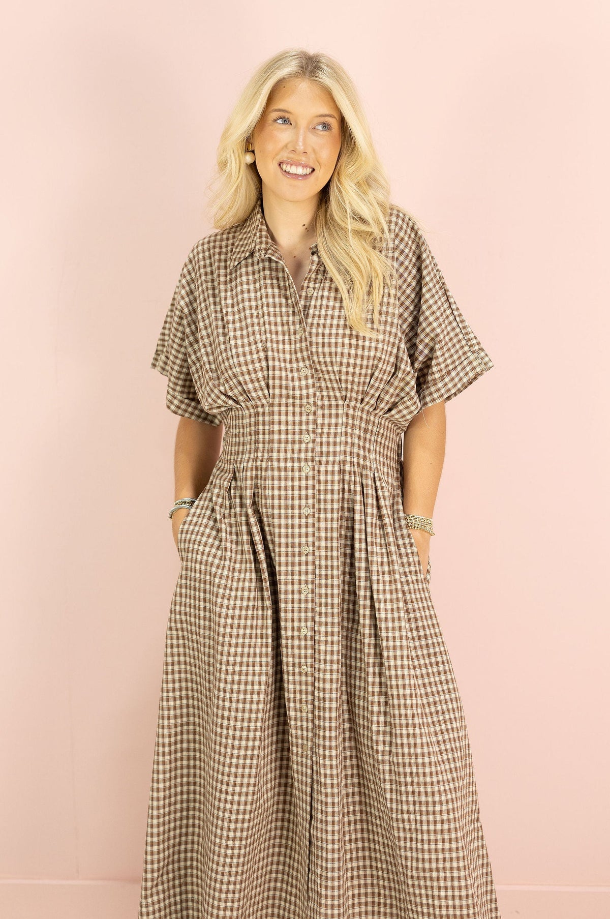 Brown Gingham Button Down Maxi Dress - Clothe Boutique