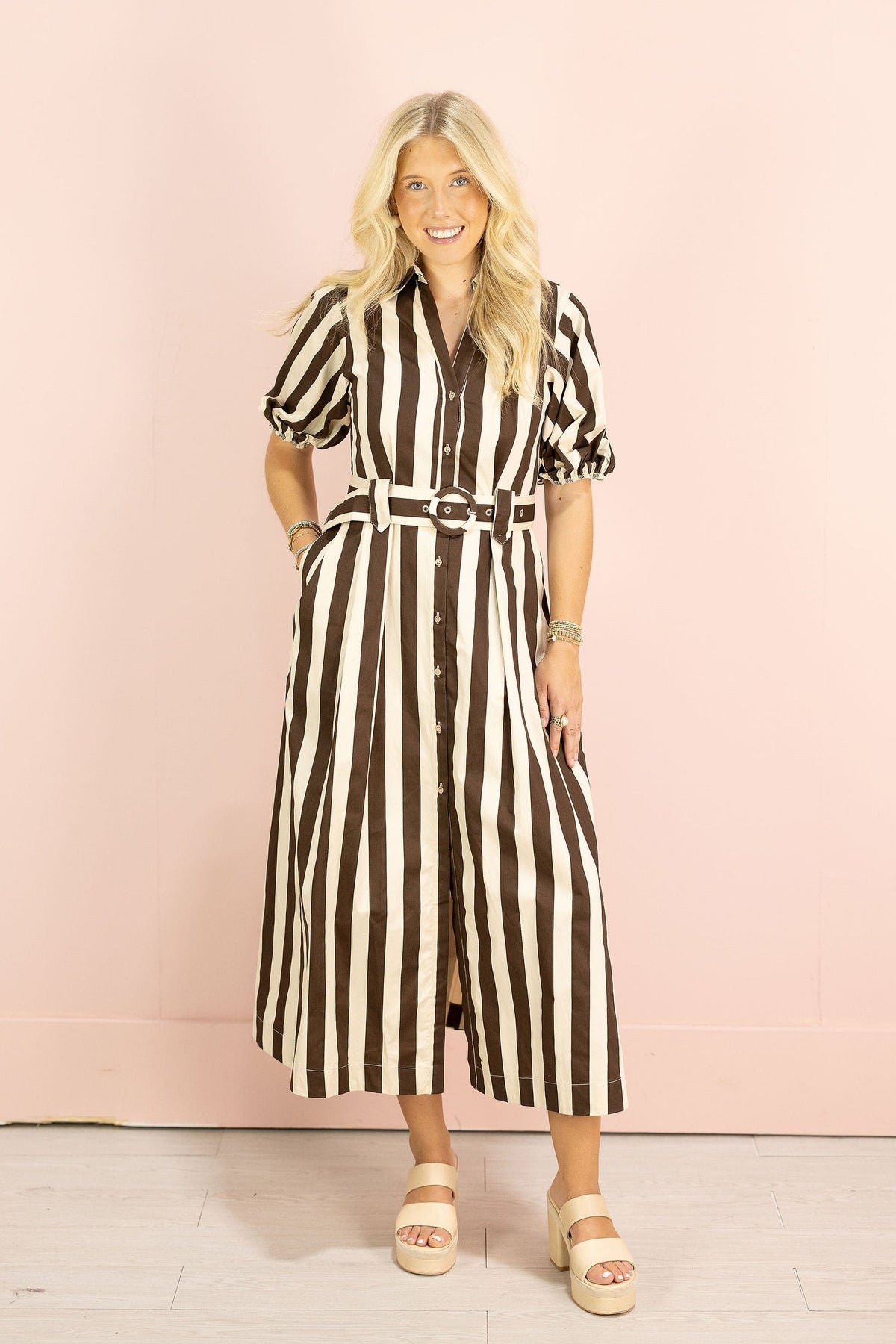 Lindsay Stripe Belted Midi Dress