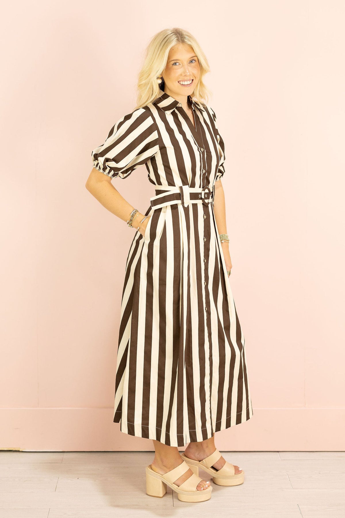 Lindsay Stripe Belted Midi Dress