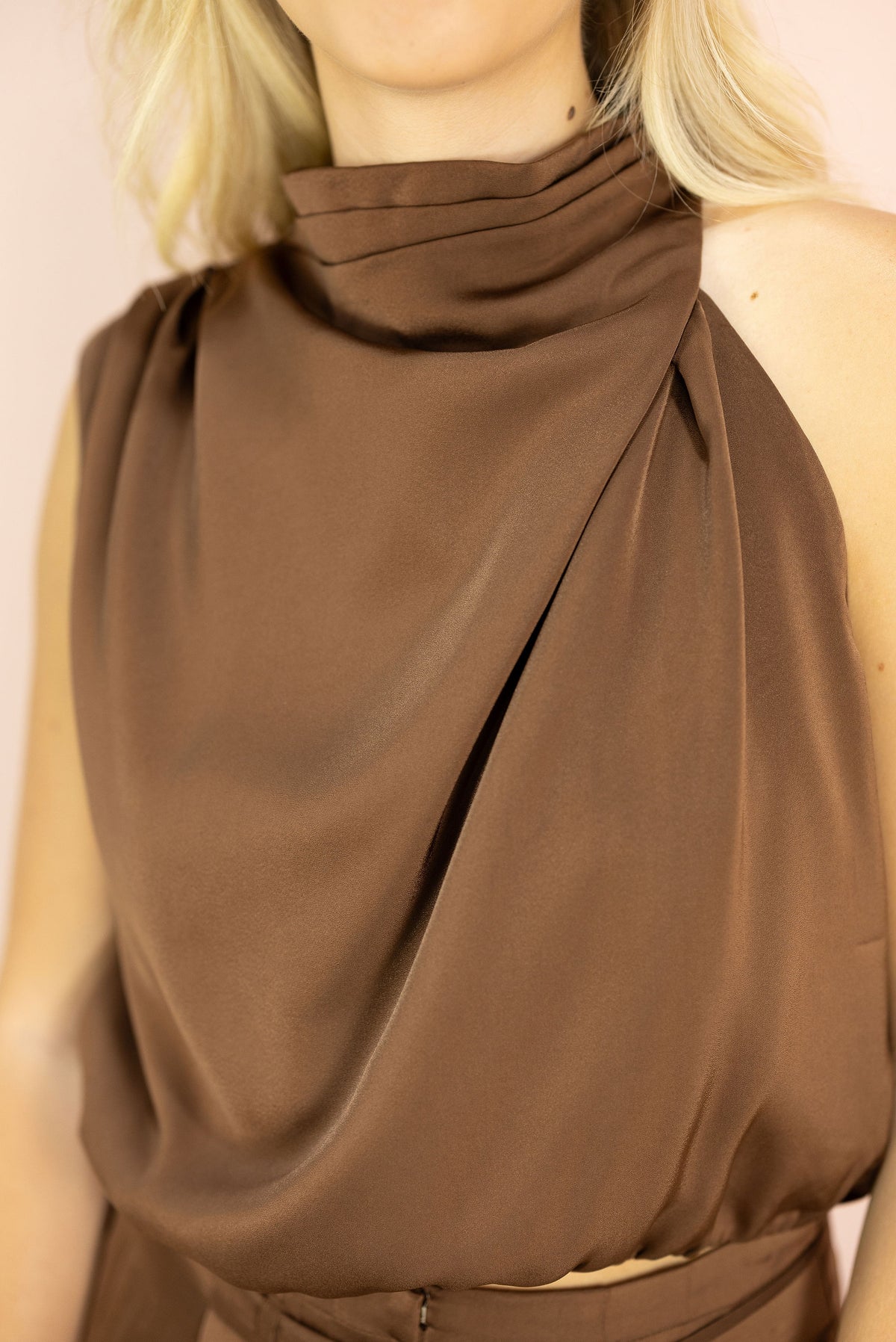 Satin High Neck Top Brown