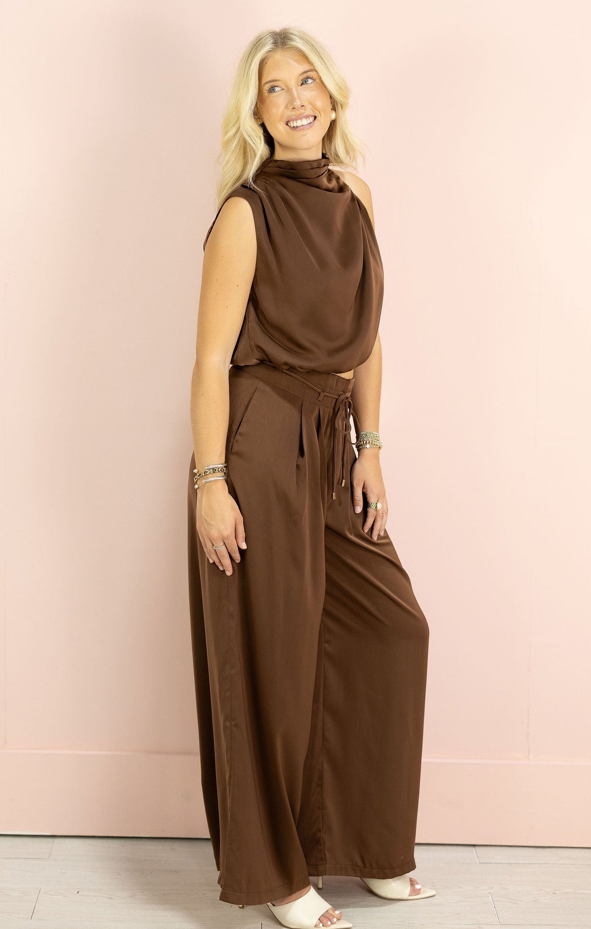 Satin High Neck Top Brown