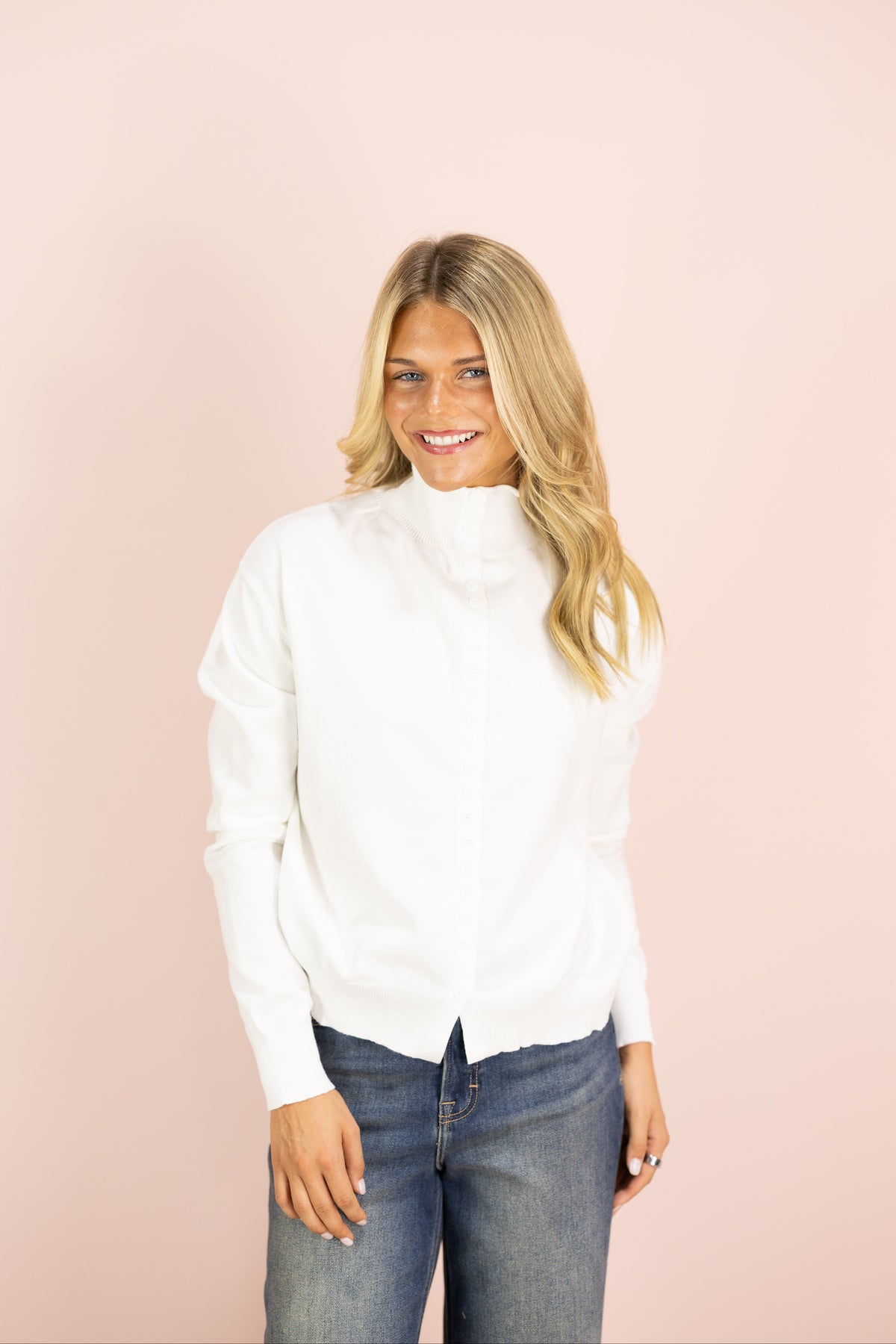 Button Down Mock Neck Sweater Ivory