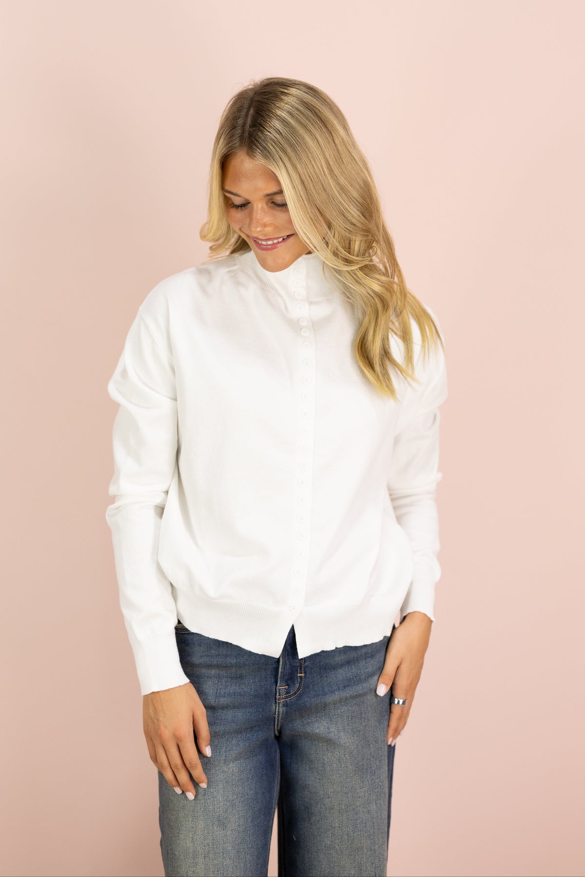 Button Down Mock Neck Sweater Ivory