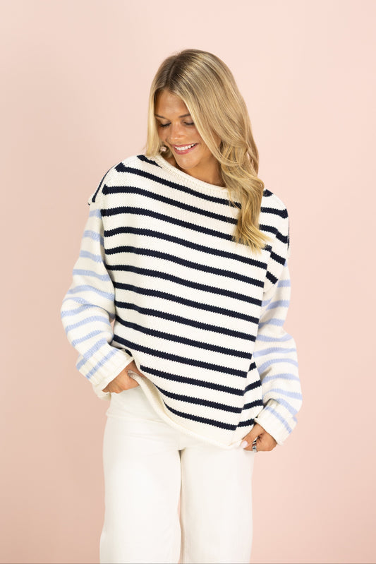 Cream/Blue Stripe Roll Up Sweater