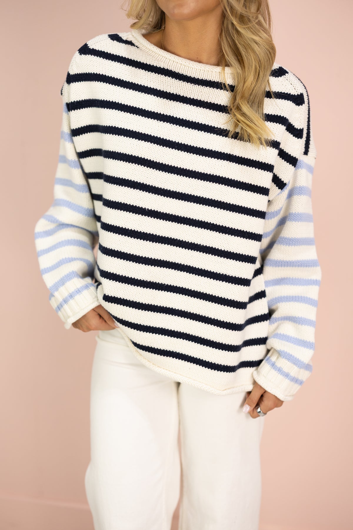 Cream/Blue Stripe Roll Up Sweater