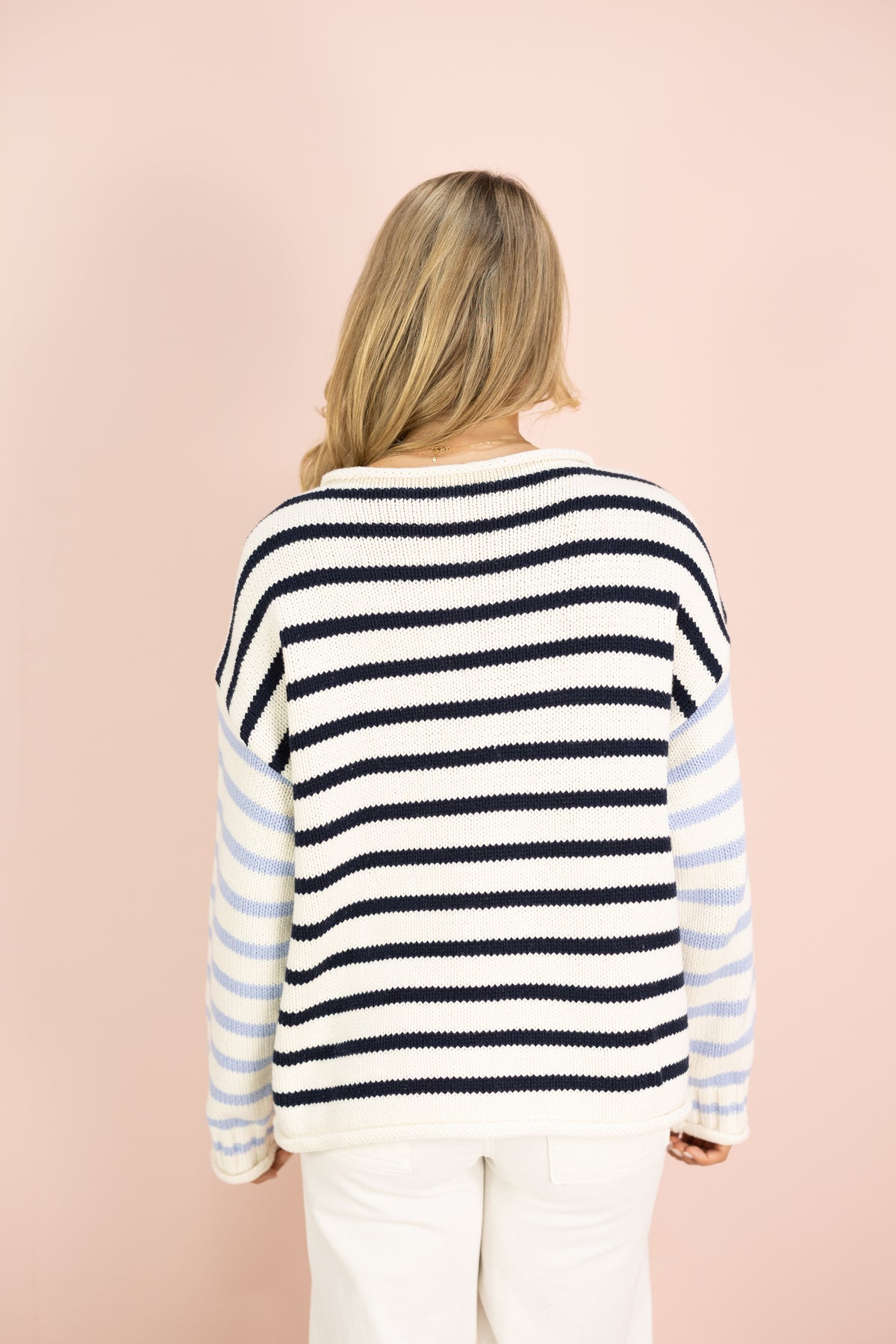 Cream/Blue Stripe Roll Up Sweater
