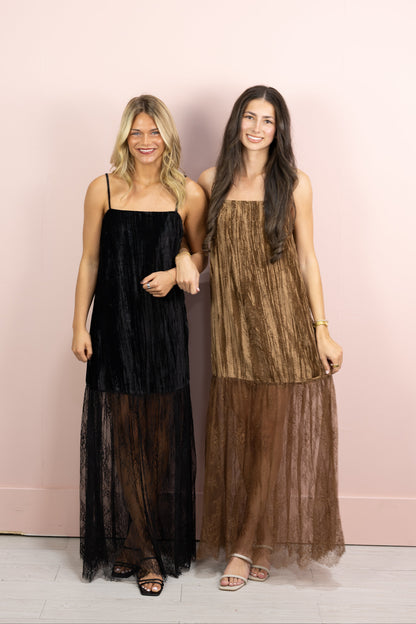 Velvet & Lace Combo Maxi Dress Black