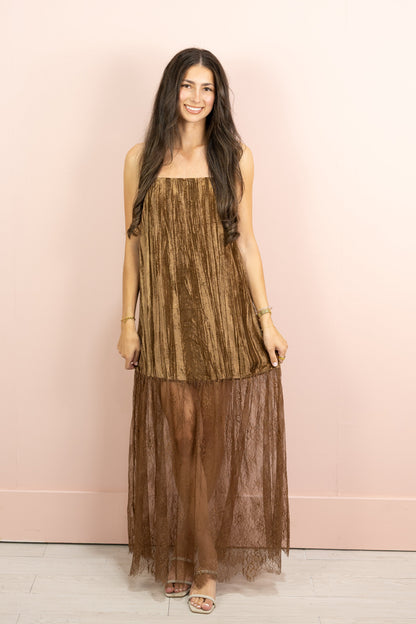 Velvet & Lace Combo Maxi Dress Brown