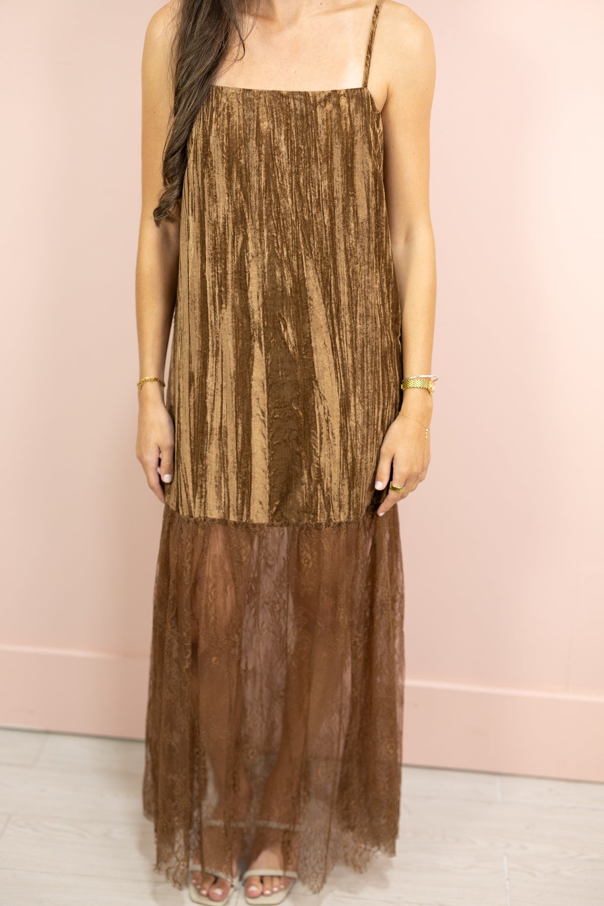 Velvet & Lace Combo Maxi Dress Brown