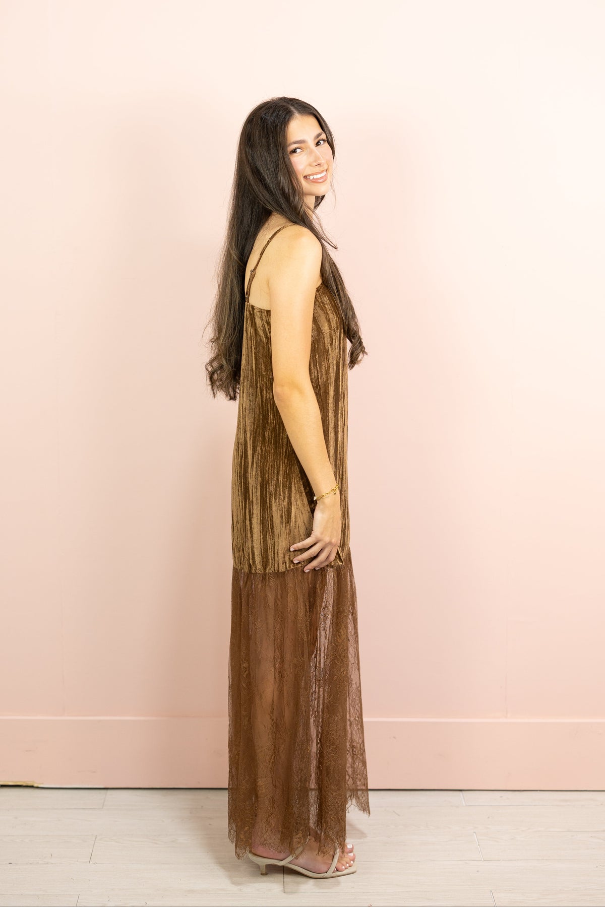 Velvet & Lace Combo Maxi Dress Brown