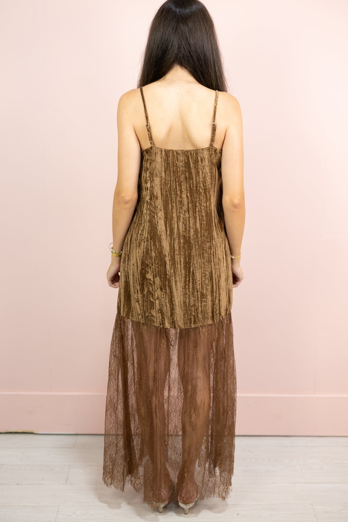 Velvet & Lace Combo Maxi Dress Brown