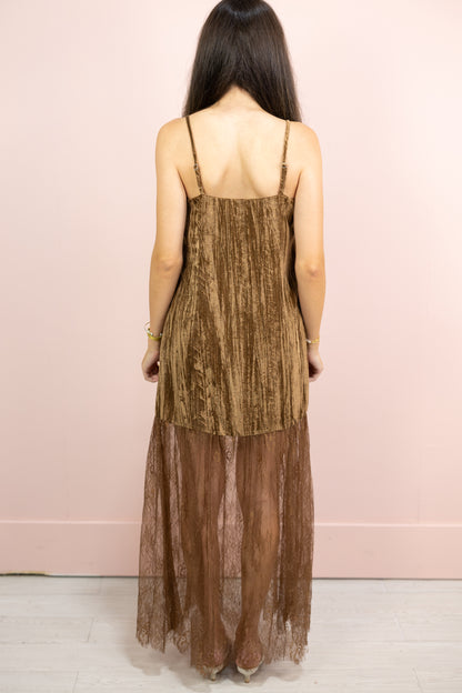 Velvet & Lace Combo Maxi Dress Brown
