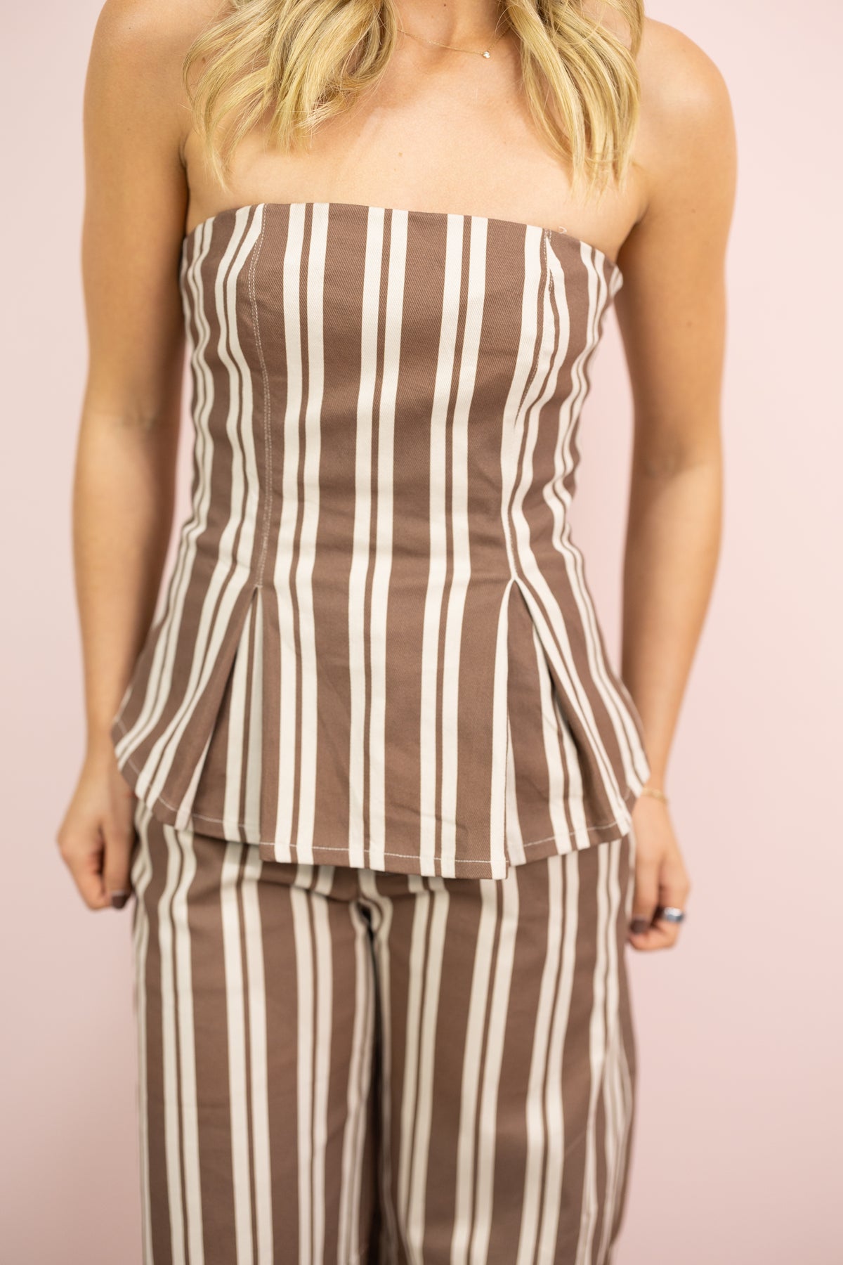 Brown Striped Strapless Top & Pants Set of 2