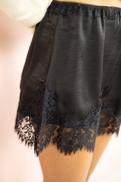 Satin Lace Hem Skirt Black