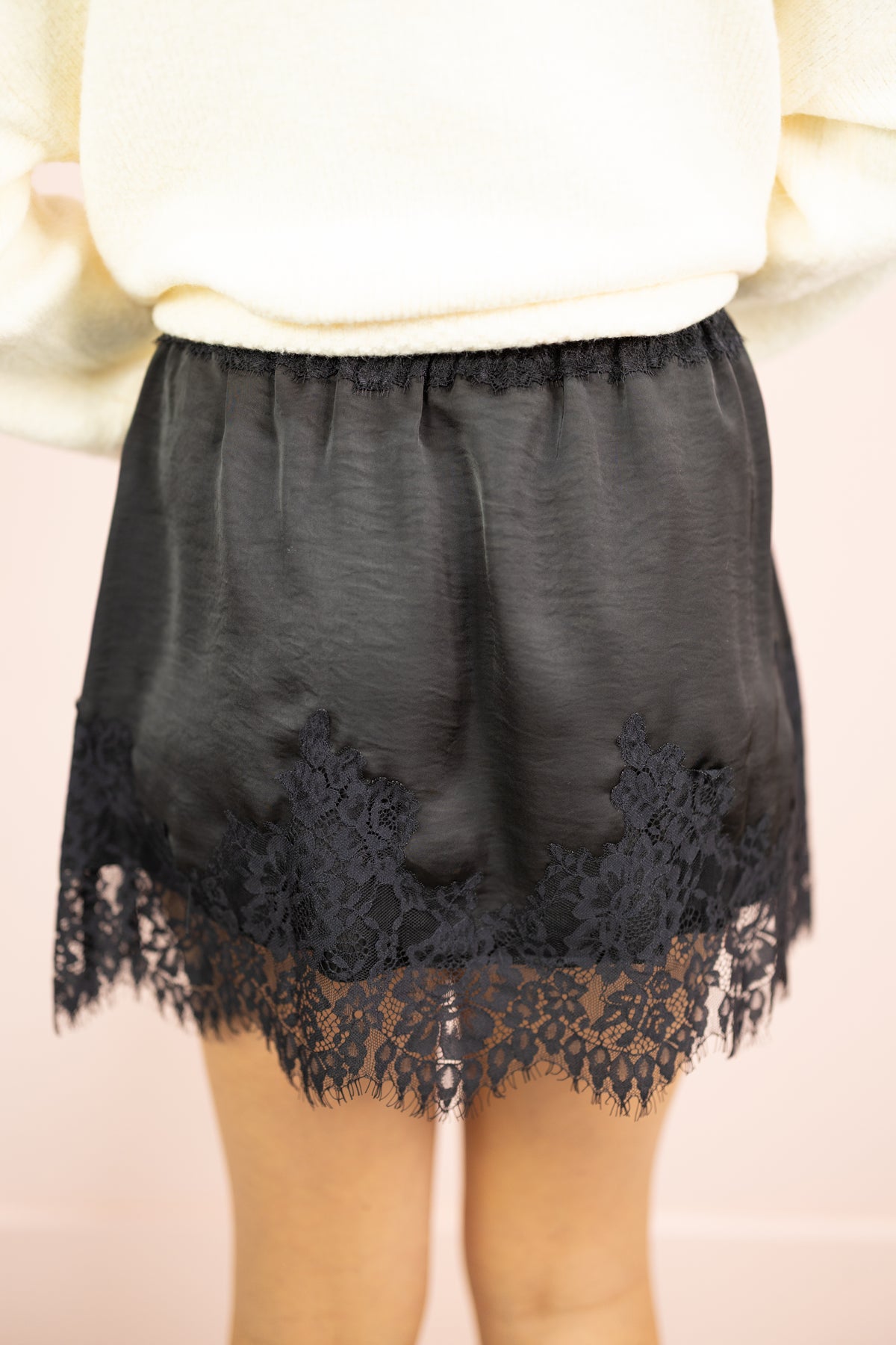 Satin Lace Hem Skirt Black