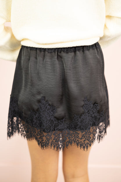 Satin Lace Hem Skirt Black