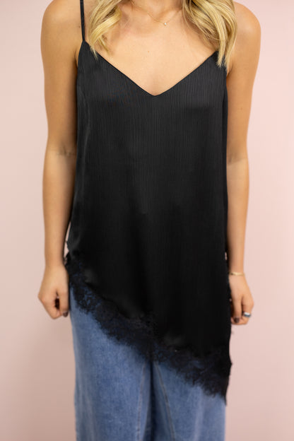 Asymmetrical Lace Hem Cami Black